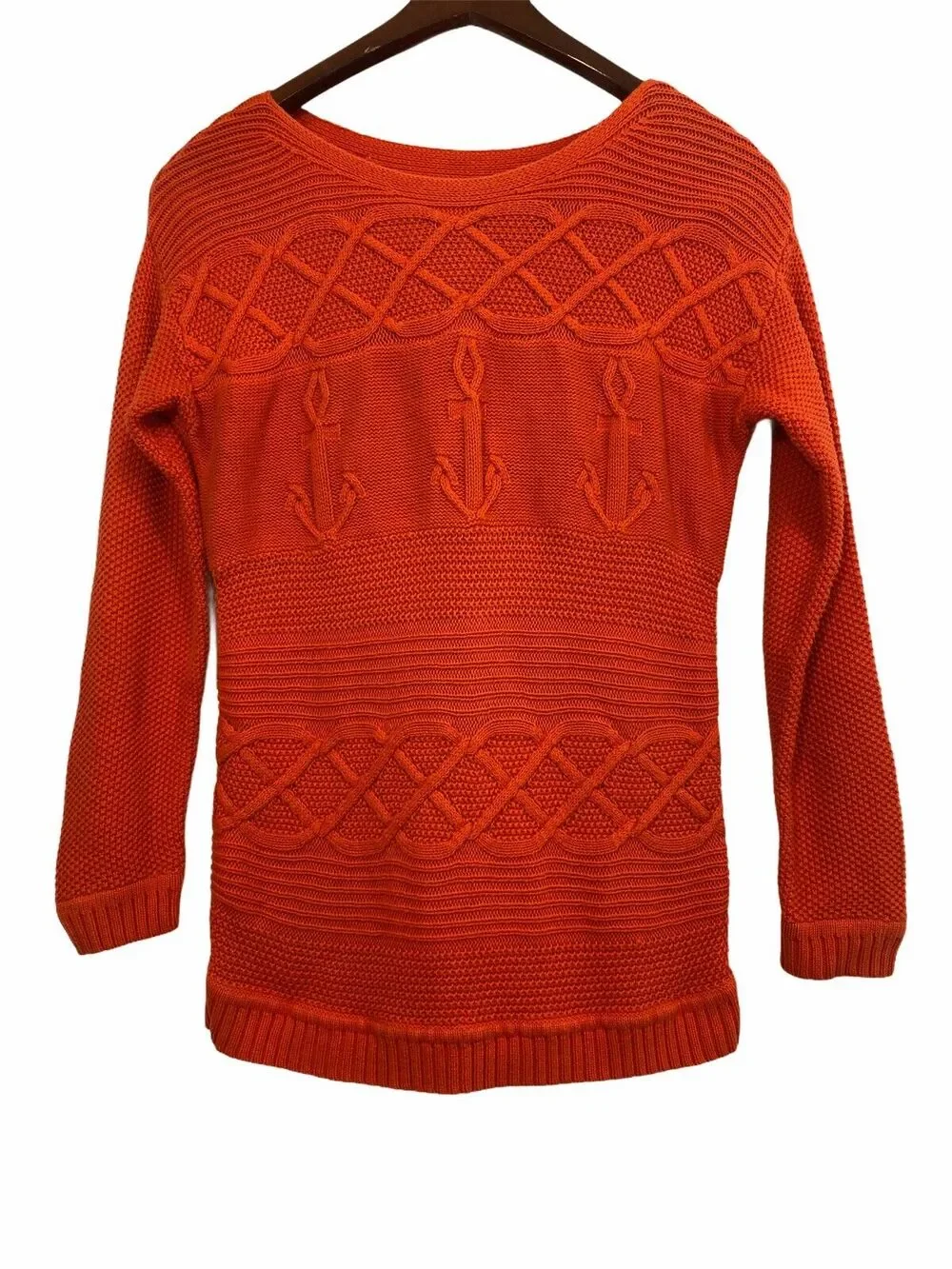 Talbots Orange Sweater Petite Medium Boat Neck Anchors Coastal Fisherman